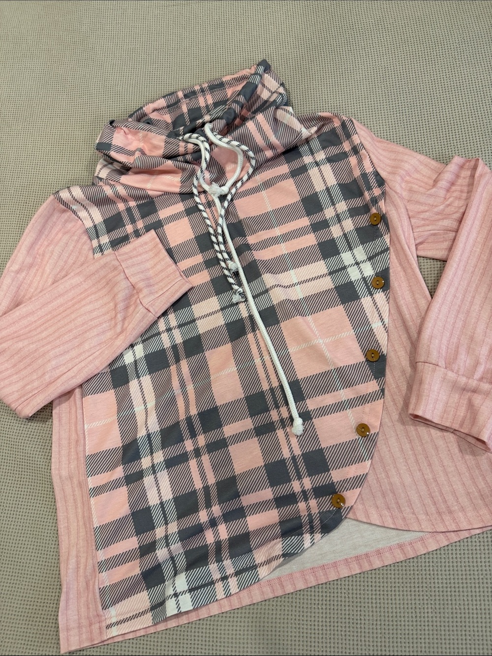 Plaid Pink Hooded Pullover with Button Accent